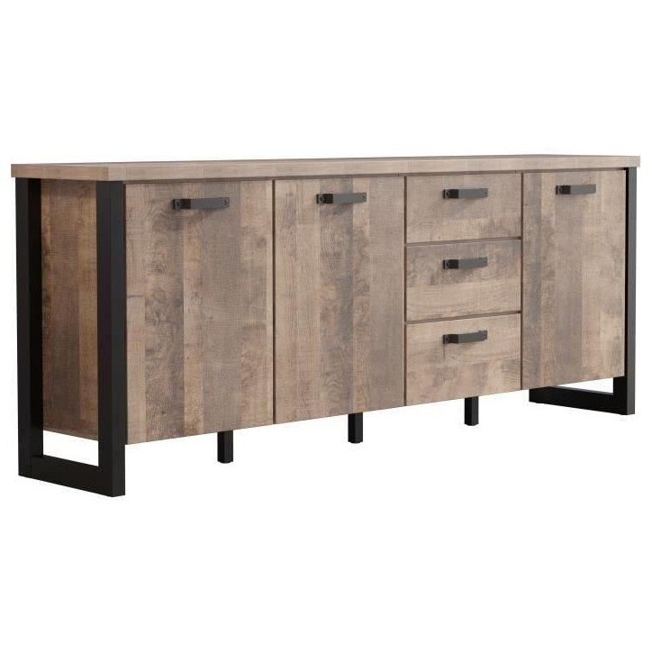 Buffet EMILE - Mélamine chene brun tabac et noir mat - 3 Portes + 3 Tiroirs - L214 x P45 x H86 cm - TRENDTEAM Buffet EMILE - Mélamine chene brun tabac et noir mat - 3 Portes + 3 Tiroirs - L214 x P45 x H86 cm - TRENDTEAM