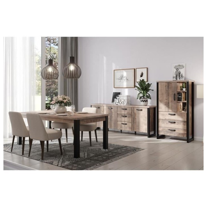 Buffet EMILE - Mélamine chene brun tabac et noir mat - 3 Portes + 3 Tiroirs - L214 x P45 x H86 cm - TRENDTEAM Buffet EMILE - Mélamine chene brun tabac et noir mat - 3 Portes + 3 Tiroirs - L214 x P45 x H86 cm - TRENDTEAM