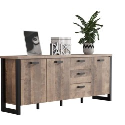 Buffet EMILE - Mélamine chene brun tabac et noir mat - 3 Portes + 3 T