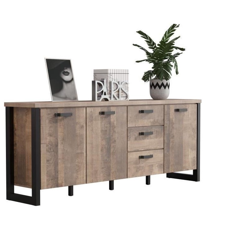 Buffet EMILE - Mélamine chene brun tabac et noir mat - 3 Portes + 3 Tiroirs - L214 x P45 x H86 cm - TRENDTEAM Buffet EMILE - Mélamine chene brun tabac et noir mat - 3 Portes + 3 Tiroirs - L214 x P45 x H86 cm - TRENDTEAM