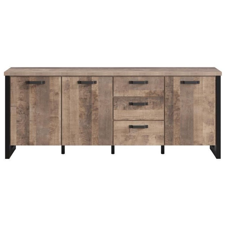 Buffet EMILE - Mélamine chene brun tabac et noir mat - 3 Portes + 3 Tiroirs - L214 x P45 x H86 cm - TRENDTEAM Buffet EMILE - Mélamine chene brun tabac et noir mat - 3 Portes + 3 Tiroirs - L214 x P45 x H86 cm - TRENDTEAM