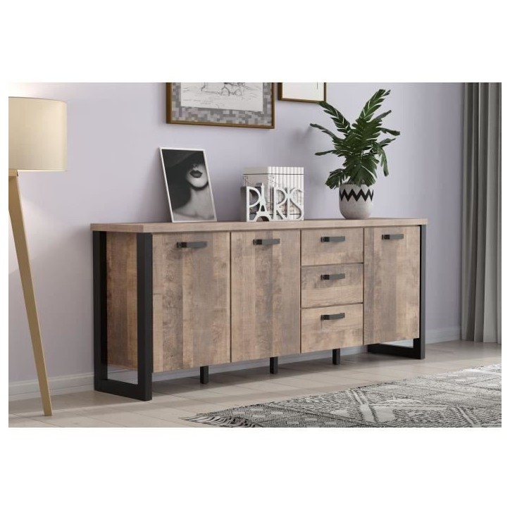 Buffet EMILE - Mélamine chene brun tabac et noir mat - 3 Portes + 3 Tiroirs - L214 x P45 x H86 cm - TRENDTEAM Buffet EMILE - Mélamine chene brun tabac et noir mat - 3 Portes + 3 Tiroirs - L214 x P45 x H86 cm - TRENDTEAM