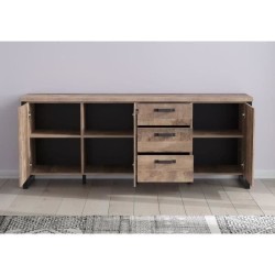 Buffet EMILE - Mélamine chene brun tabac et noir mat - 3 Portes + 3 T