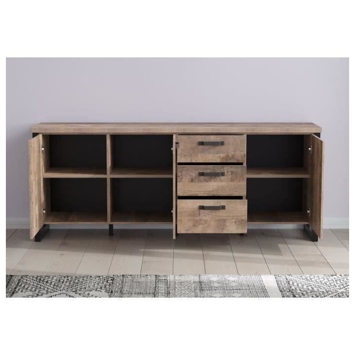 Buffet EMILE - Mélamine chene brun tabac et noir mat - 3 Portes + 3 Tiroirs - L214 x P45 x H86 cm - TRENDTEAM Buffet EMILE - Mélamine chene brun tabac et noir mat - 3 Portes + 3 Tiroirs - L214 x P45 x H86 cm - TRENDTEAM