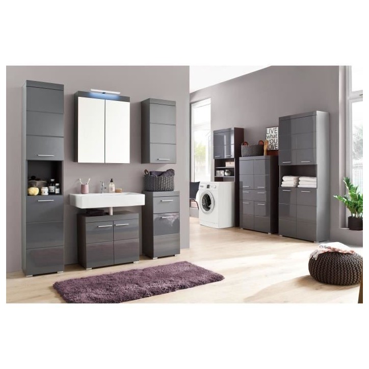 Meuble pour machine a laver - 2 portes - Gris Brillant - L63 x P24 x H187 cm - AMANDA