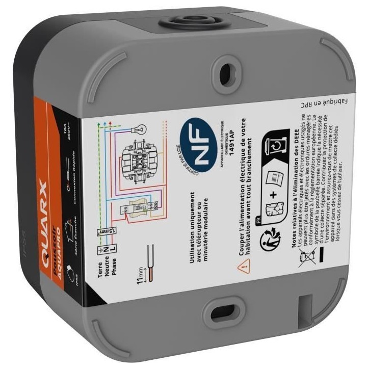Poussoir - QUARX - Aqua Pro - Extérieur, 250V, 10A, IP55, conforme NF Poussoir - QUARX - Aqua Pro - Extérieur, 250V, 10A, IP55, conforme NF