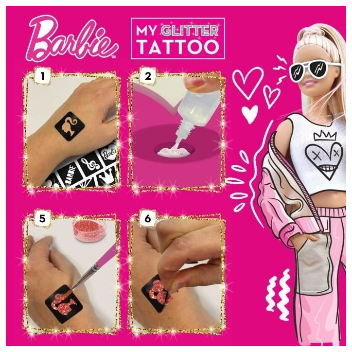 Tatouages Barbie - LISCIANI - Barbie - Glitter Tattoo - Tatouages pailletés - Matériel sûr et testé Tatouages Barbie - LISCIANI - Barbie - Glitter Tattoo - Tatouages pailletés - Matériel sûr et testé