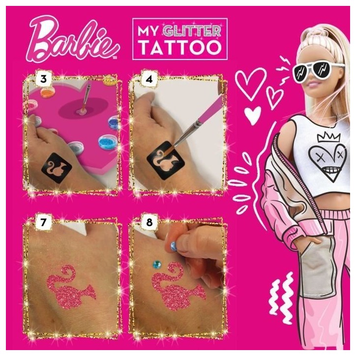 Tatouages Barbie - LISCIANI - Barbie - Glitter Tattoo - Tatouages pailletés - Matériel sûr et testé Tatouages Barbie - LISCIANI - Barbie - Glitter Tattoo - Tatouages pailletés - Matériel sûr et testé
