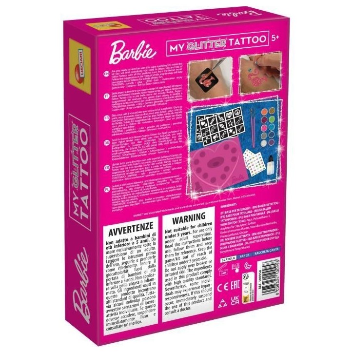 Tatouages Barbie - LISCIANI - Barbie - Glitter Tattoo - Tatouages pailletés - Matériel sûr et testé Tatouages Barbie - LISCIANI - Barbie - Glitter Tattoo - Tatouages pailletés - Matériel sûr et testé