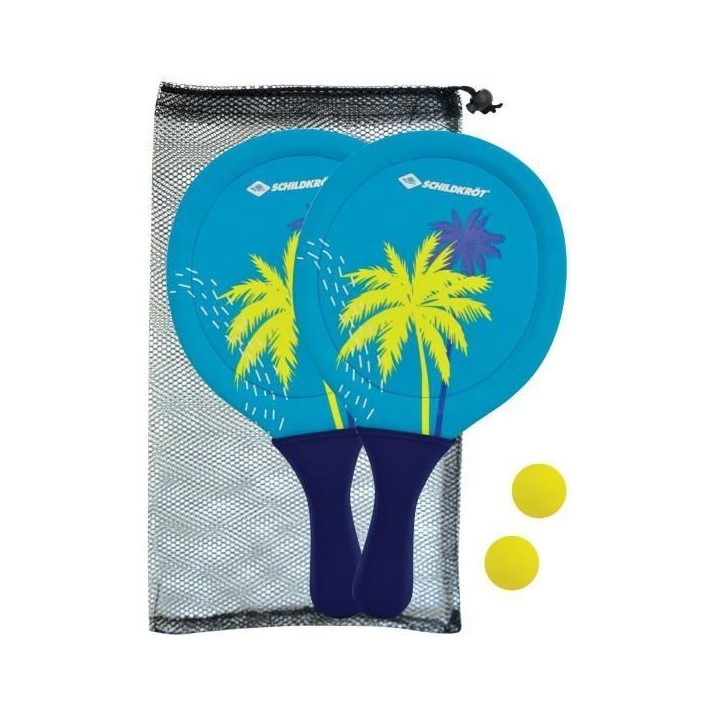 Raquettes de beachball - SCHILDKROT - Néoprene jaune/bleu impression verte - 2 balles Ø40mm - Sac filet refermable Raquettes de beachball - SCHILDKROT - Néoprene jaune/bleu impression verte - 2 balles Ø40mm - Sac filet refermable
