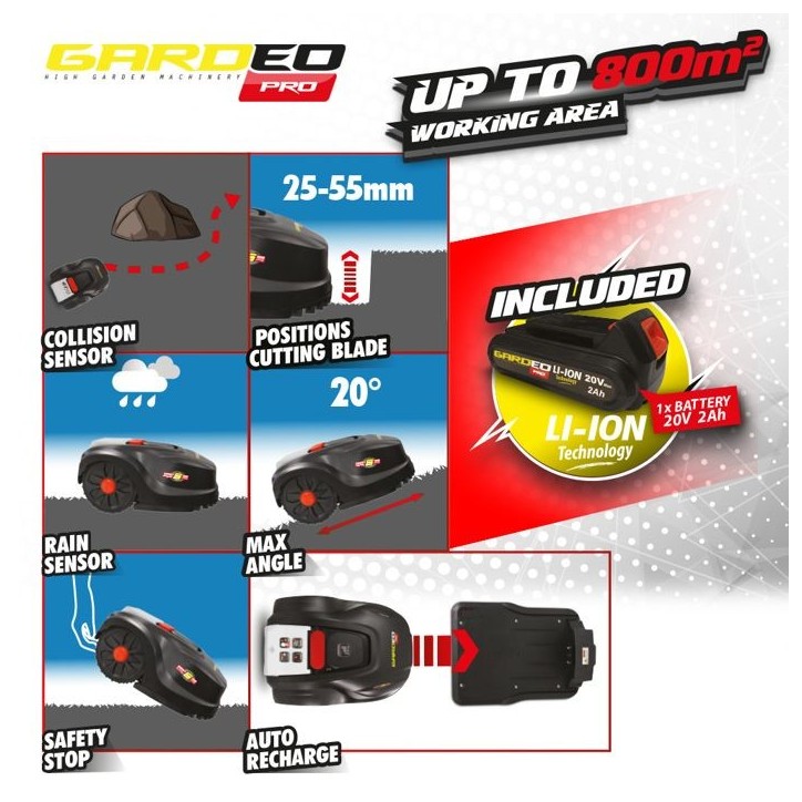 Tondeuse Robot - GARDEO - GRO20V20WIFI-2A - 20V - 800m² - Programmable Wifi