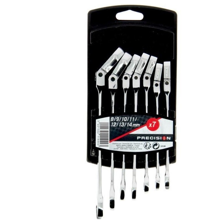 Jeu de 7 Clés mixtes a cliquet - PRECISION STEEL - 8 / 9 / 10 / 11 / 12 / 13 / 14 - Clé a fourche, avec oeil inclinable a 180 Jeu de 7 Clés mixtes a cliquet - PRECISION STEEL - 8 / 9 / 10 / 11 / 12 / 13 / 14 - Clé a fourche, avec oeil inclinable a 180