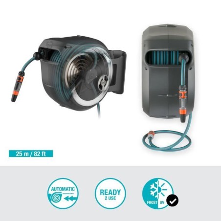 GARDENA Dévidoir automatique mural RollUp M/L liseret blanc – Longueur 25m – Ø13mm – Kit complet – Garantie 5 ans (186