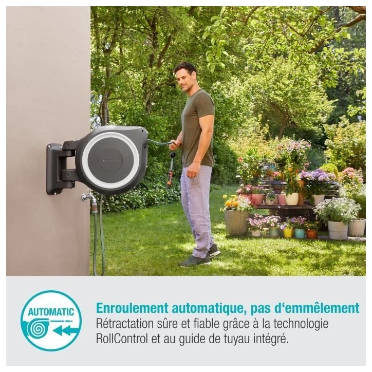 Dévidoir automatique mural GARDENA RollUp L - Longueur 30m - Ø13mm - Kit complet - Garantie 5 ans