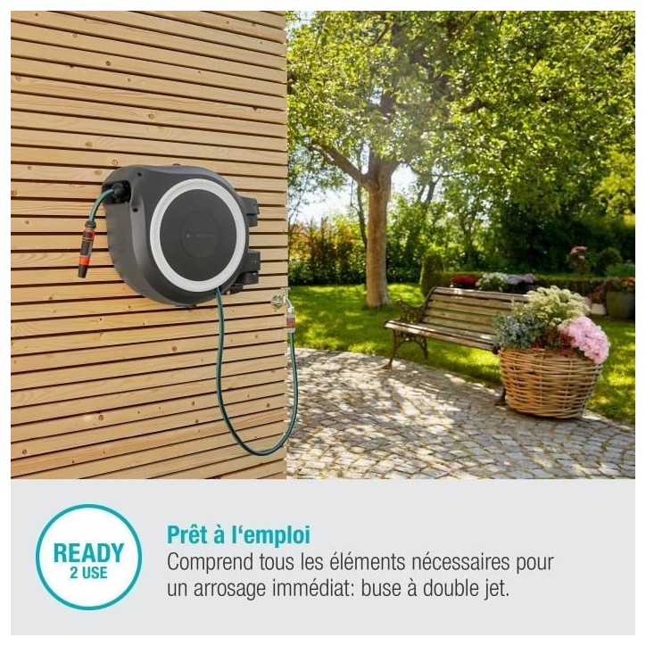Dévidoir automatique mural GARDENA RollUp L - Longueur 30m - Ø13mm - Kit complet - Garantie 5 ans