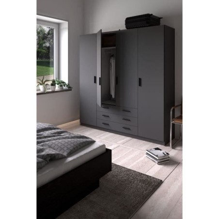 Armoire VEGA - Décor Gris anthracite - 4 portes + 3 tiroirs - L 195,5 x P 49,6 x H 200,4 cm