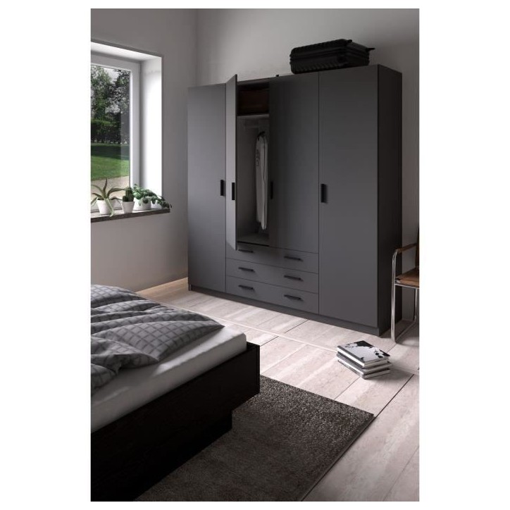 Armoire VEGA - Décor Gris anthracite - 4 portes + 3 tiroirs - L 195,5 x P 49,6 x H 200,4 cm Armoire VEGA - Décor Gris anthracite - 4 portes + 3 tiroirs - L 195,5 x P 49,6 x H 200,4 cm