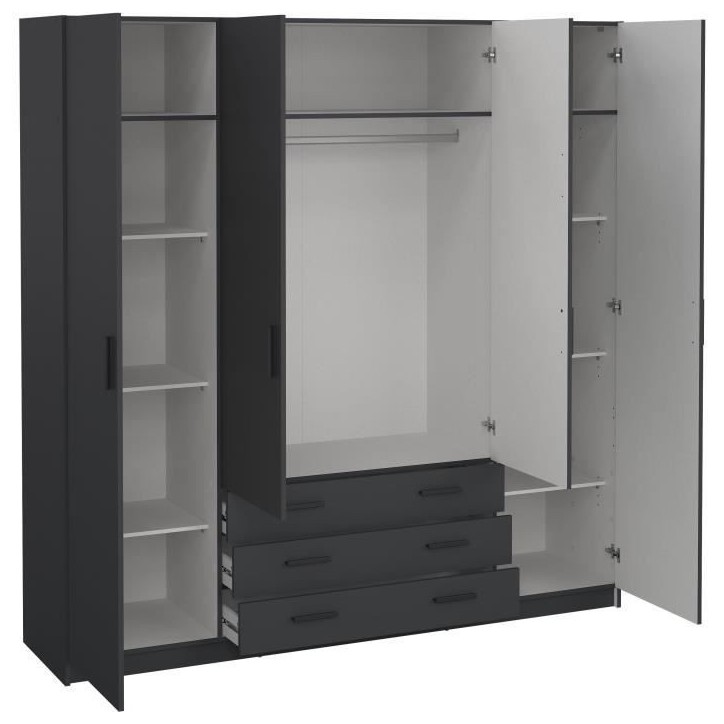 Armoire VEGA - Décor Gris anthracite - 4 portes + 3 tiroirs - L 195,5 x P 49,6 x H 200,4 cm Armoire VEGA - Décor Gris anthracite - 4 portes + 3 tiroirs - L 195,5 x P 49,6 x H 200,4 cm
