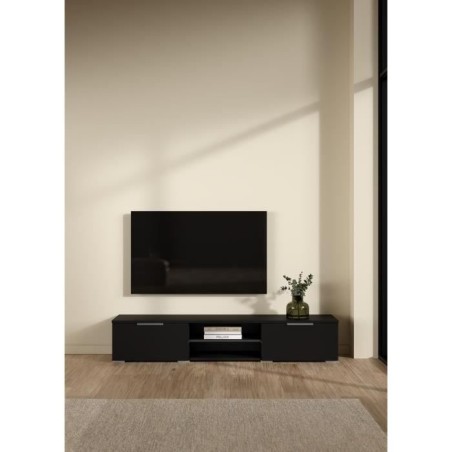 Meuble TV - MATCH - Noir mat - 2 tiroirs, une niche - 172,7 x 39,9 x 33,1 cm