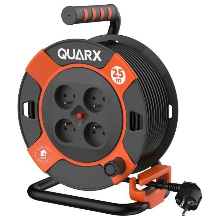 Enrouleur de bricolage - QUARX - 25m - H05VV-F 3G1,5mm² - Disjoncteur thermique - Protection enfants