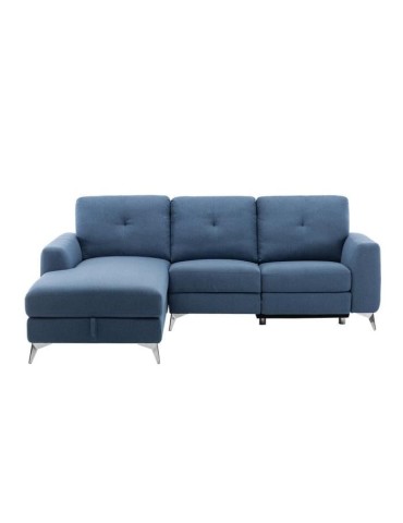 Canapé d'angle gauche relax électrique - 3 places - FRANKLIN - Tissu Bleu - coffre et port USB - L 260 x P 51 x H 90 cm