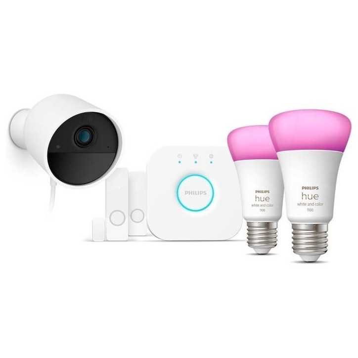 Kit de démarrage - Philips Hue - Secure - Inclus : 1 caméra filaire + 2 capteurs de contact + 2 ampoules connectées + 1 pont Kit de démarrage - Philips Hue - Secure - Inclus : 1 caméra filaire + 2 capteurs de contact + 2 ampoules connectées + 1 pont