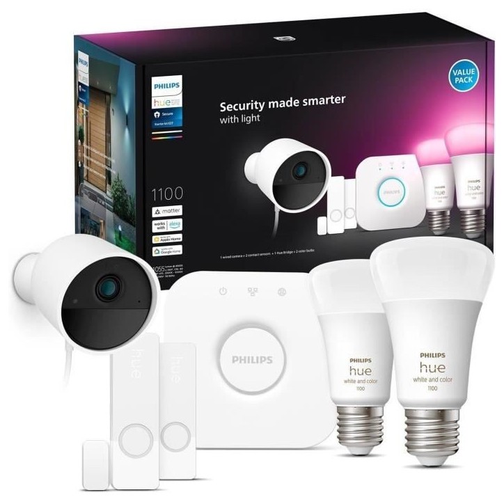 Kit de démarrage - Philips Hue - Secure - Inclus : 1 caméra filaire + 2 capteurs de contact + 2 ampoules connectées + 1 pont Kit de démarrage - Philips Hue - Secure - Inclus : 1 caméra filaire + 2 capteurs de contact + 2 ampoules connectées + 1 pont