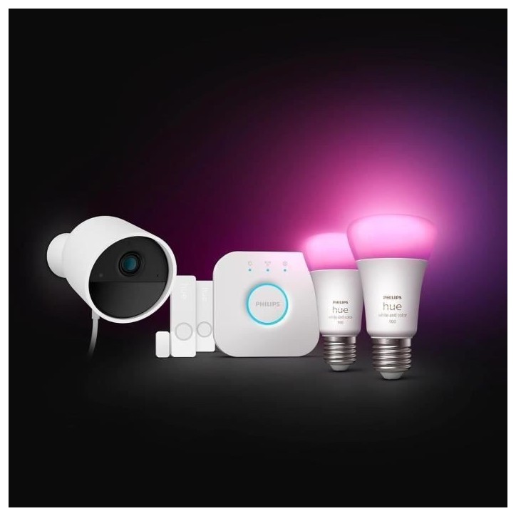 Kit de démarrage - Philips Hue - Secure - Inclus : 1 caméra filaire + 2 capteurs de contact + 2 ampoules connectées + 1 pont Kit de démarrage - Philips Hue - Secure - Inclus : 1 caméra filaire + 2 capteurs de contact + 2 ampoules connectées + 1 pont