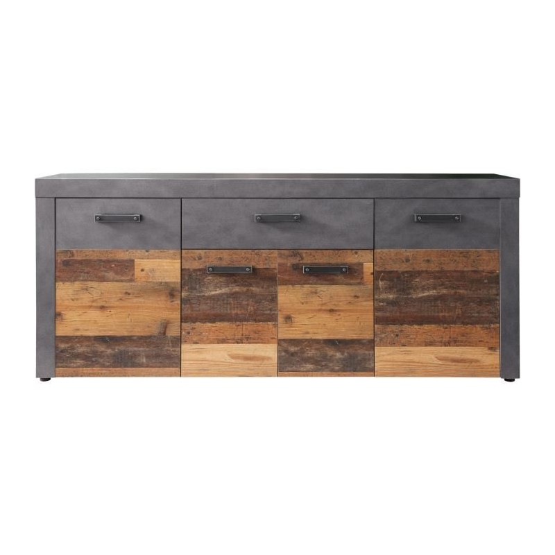 Buffet bas INDY 4 Portes et 1 Tiroir - Mélaminé bois vieilli et gris Buffet bas INDY 4 Portes et 1 Tiroir - Mélaminé bois vieilli et gris