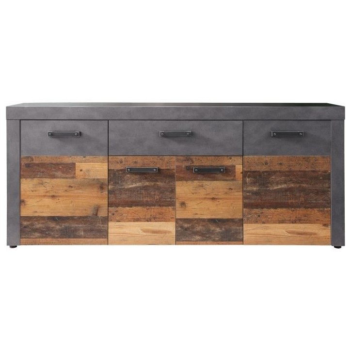 Buffet bas INDY 4 Portes et 1 Tiroir - Mélaminé bois vieilli et gris mat - L 178 x P 40 x H 77 cm Buffet bas INDY 4 Portes et 1 Tiroir - Mélaminé bois vieilli et gris mat - L 178 x P 40 x H 77 cm