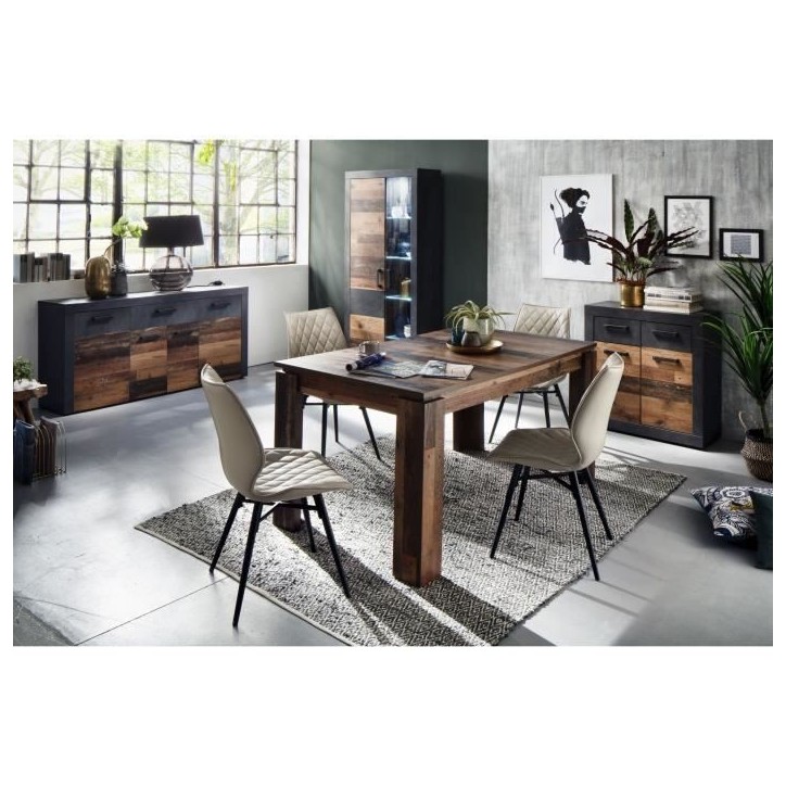 Buffet bas INDY 4 Portes et 1 Tiroir - Mélaminé bois vieilli et gris mat - L 178 x P 40 x H 77 cm Buffet bas INDY 4 Portes et 1 Tiroir - Mélaminé bois vieilli et gris mat - L 178 x P 40 x H 77 cm