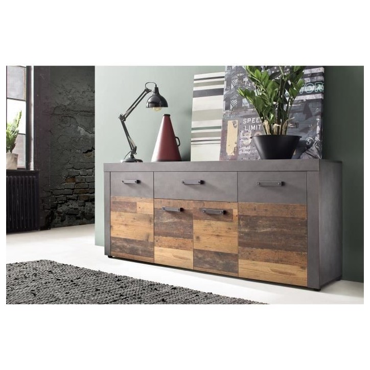 Buffet bas INDY 4 Portes et 1 Tiroir - Mélaminé bois vieilli et gris mat - L 178 x P 40 x H 77 cm Buffet bas INDY 4 Portes et 1 Tiroir - Mélaminé bois vieilli et gris mat - L 178 x P 40 x H 77 cm