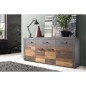 Buffet bas INDY 4 Portes et 1 Tiroir - Mélaminé bois vieilli et gris mat - L 178 x P 40 x H 77 cm