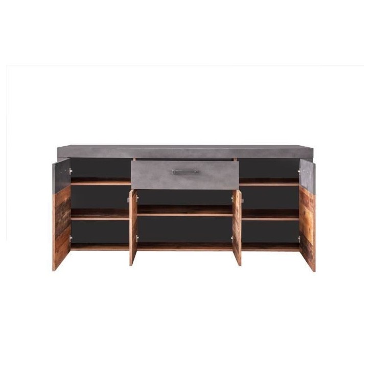 Buffet bas INDY 4 Portes et 1 Tiroir - Mélaminé bois vieilli et gris mat - L 178 x P 40 x H 77 cm Buffet bas INDY 4 Portes et 1 Tiroir - Mélaminé bois vieilli et gris mat - L 178 x P 40 x H 77 cm