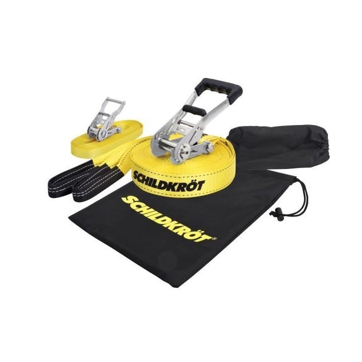 Slackline - SCHILDKROT - 15 m de long x 5 cm de large - Cliquet en métal - Sangle d'apprentissage incluse - Max 150 kg