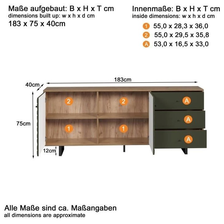 Buffet bas - SENTRA - Vert foncé - 2 portes, 3 tiroirs - 124 x 40 x 136 cm - TRENDTEAM