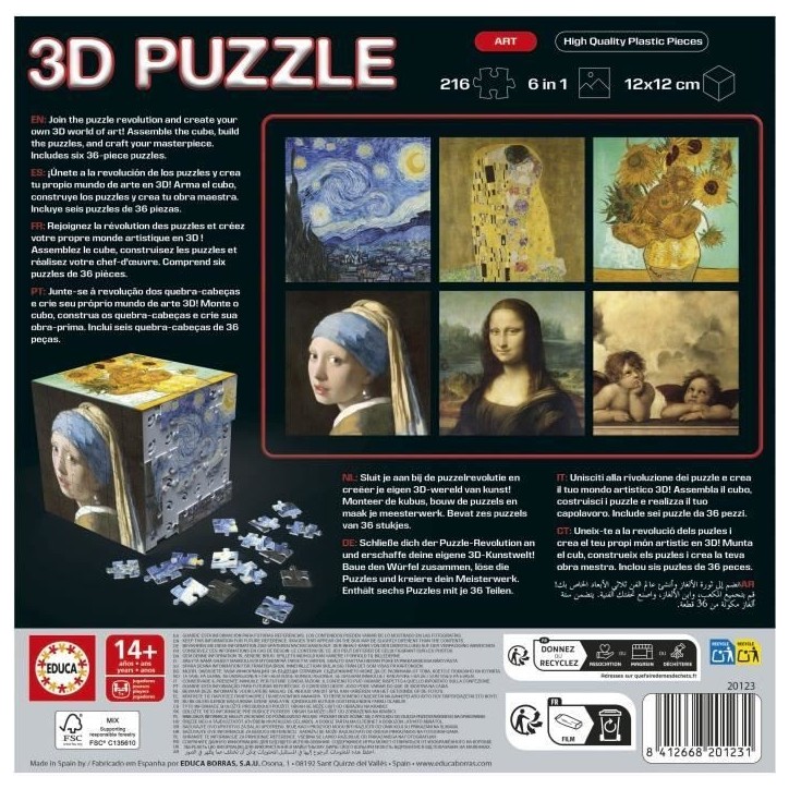 Puzzle 3D - EDUCA - Cube Art - 216 Pieces - 6 Puzzles de 36 Pieces - Défi Ludique 8 Ans + (20123) Puzzle 3D - EDUCA - Cube Art - 216 Pieces - 6 Puzzles de 36 Pieces - Défi Ludique 8 Ans + (20123)