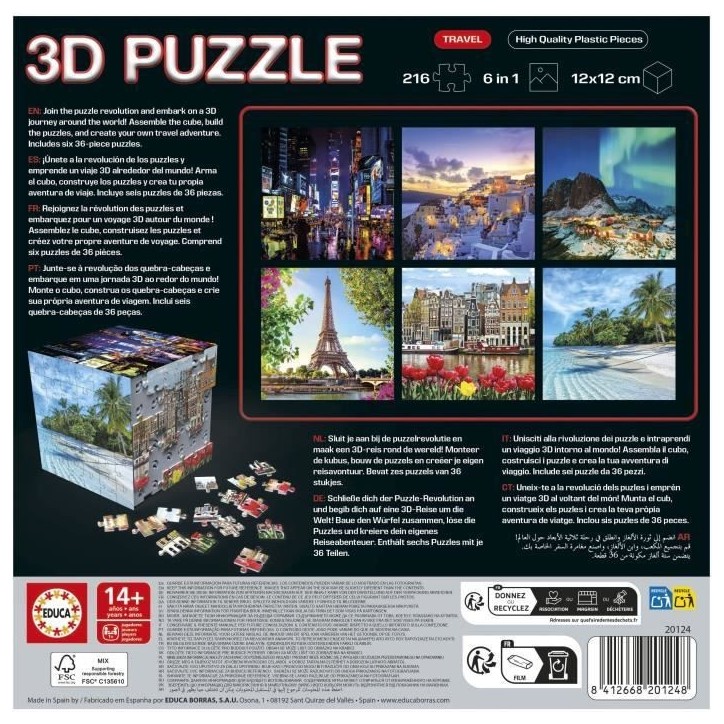 Puzzle 3D - EDUCA - Cube Voyage - 216 Pieces - 6 Puzzles de 36 Pieces - Défi Ludique 8 Ans + (20124) Puzzle 3D - EDUCA - Cube Voyage - 216 Pieces - 6 Puzzles de 36 Pieces - Défi Ludique 8 Ans + (20124)