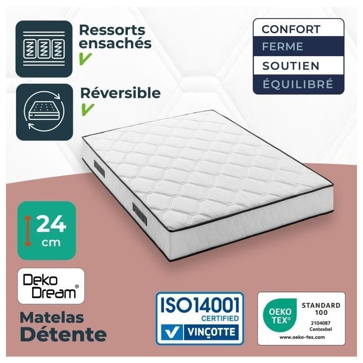 Ensemble matelas sommier 160 x 200 cm Hauteur 24 cm - ressorts ensachés - 7 zones - réversible - fabriqué en Belgique - DEKO