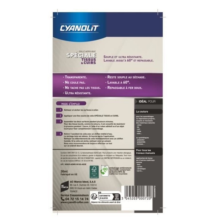 Colle spéciale tissu - CYANOLIT - Fixation flexible - Idéale pour tissus et textiles Colle spéciale tissu - CYANOLIT - Fixation flexible - Idéale pour tissus et textiles