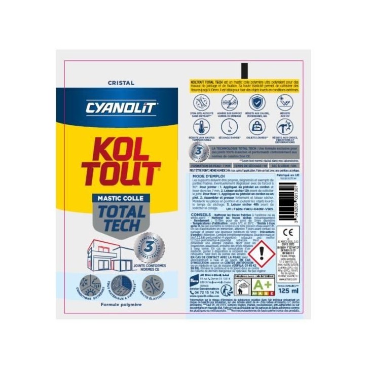 Colle de fixation et d'étanchéité - CYANOLIT - Total tech - Cristal - Tube 125 ml - Transparent - Polyvalente et flexible Colle de fixation et d'étanchéité - CYANOLIT - Total tech - Cristal - Tube 125 ml - Transparent - Polyvalente et flexible