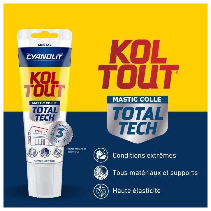 Colle de fixation et d'étanchéité - CYANOLIT - Total tech - Cristal - Tube 125 ml - Transparent - Polyvalente et flexible Colle de fixation et d'étanchéité - CYANOLIT - Total tech - Cristal - Tube 125 ml - Transparent - Polyvalente et flexible