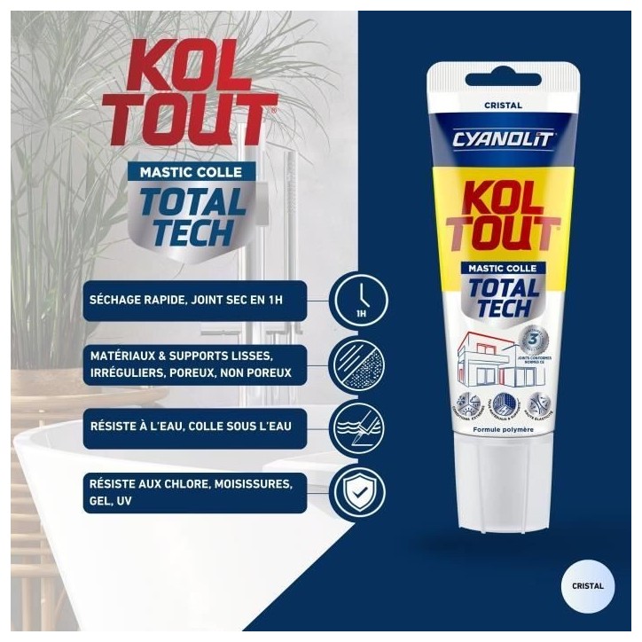 Colle de fixation et d'étanchéité - CYANOLIT - Total tech - Cristal - Tube 125 ml - Transparent - Polyvalente et flexible Colle de fixation et d'étanchéité - CYANOLIT - Total tech - Cristal - Tube 125 ml - Transparent - Polyvalente et flexible