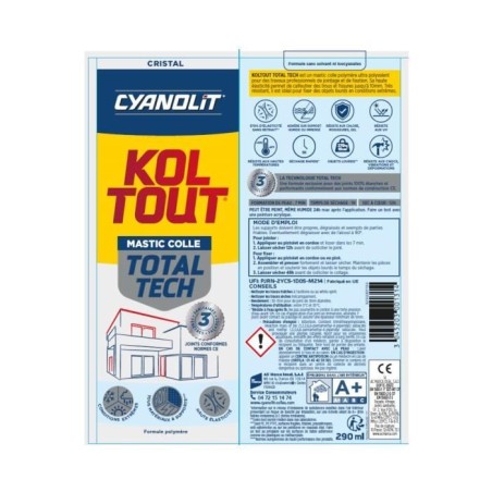 Colle de fixation et d'étanchéité - CYANOLIT - Total tech - Cristal - Cartouche 290 ml - Transparent - Multi-matériaux et fl