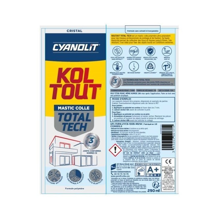 Colle de fixation et d'étanchéité - CYANOLIT - Total tech - Cristal - Cartouche 290 ml - Transparent - Multi-matériaux et fl Colle de fixation et d'étanchéité - CYANOLIT - Total tech - Cristal - Cartouche 290 ml - Transparent - Multi-matériaux et fl