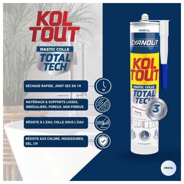 Colle de fixation et d'étanchéité - CYANOLIT - Total tech - Cristal - Cartouche 290 ml - Transparent - Multi-matériaux et fl Colle de fixation et d'étanchéité - CYANOLIT - Total tech - Cristal - Cartouche 290 ml - Transparent - Multi-matériaux et fl