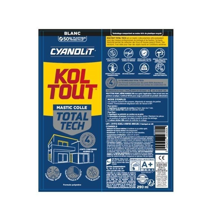 Colle de fixation et d'étanchéité - CYANOLIT - Total tech - Blanc - Cartouche 290 ml - Multi-matériaux - Étanche et flexibl Colle de fixation et d'étanchéité - CYANOLIT - Total tech - Blanc - Cartouche 290 ml - Multi-matériaux - Étanche et flexibl