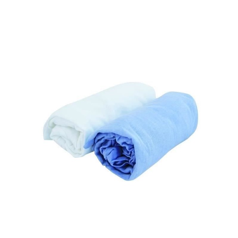 Drap housse bébé - DOMIVA - Lot 2 - Jersey - oeko-Tex - Blanc/Ciel - Drap housse bébé - DOMIVA - Lot 2 - Jersey - oeko-Tex - Blanc/Ciel -