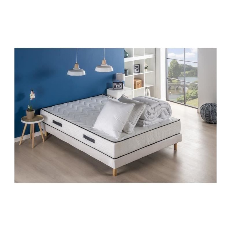 Pack sommier matelas 140 x 190 cm - Hauteur 24 cm - Couette et 2 oreil