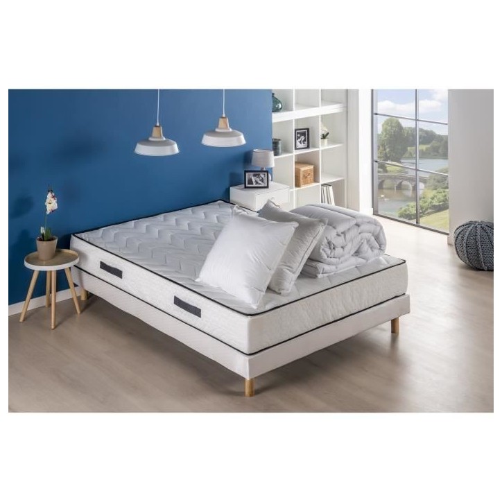 Pack sommier matelas 160 x 200 cm - Hauteur 24 cm - Couette et 2 oreillers - 7 zones - réversible - fabriqué en Belgique Pack sommier matelas 160 x 200 cm - Hauteur 24 cm - Couette et 2 oreillers - 7 zones - réversible - fabriqué en Belgique